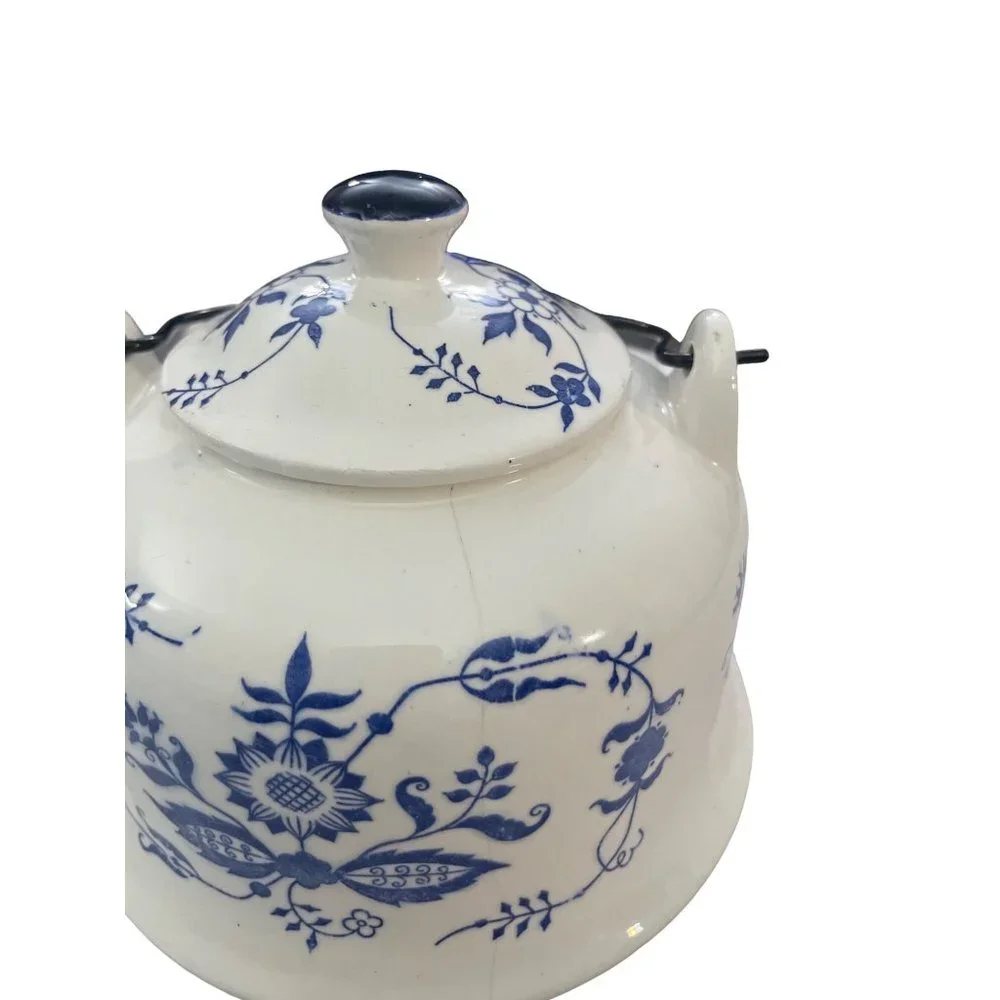 Vintage Blue and White Teapot with‎  Spiral Metal Handle